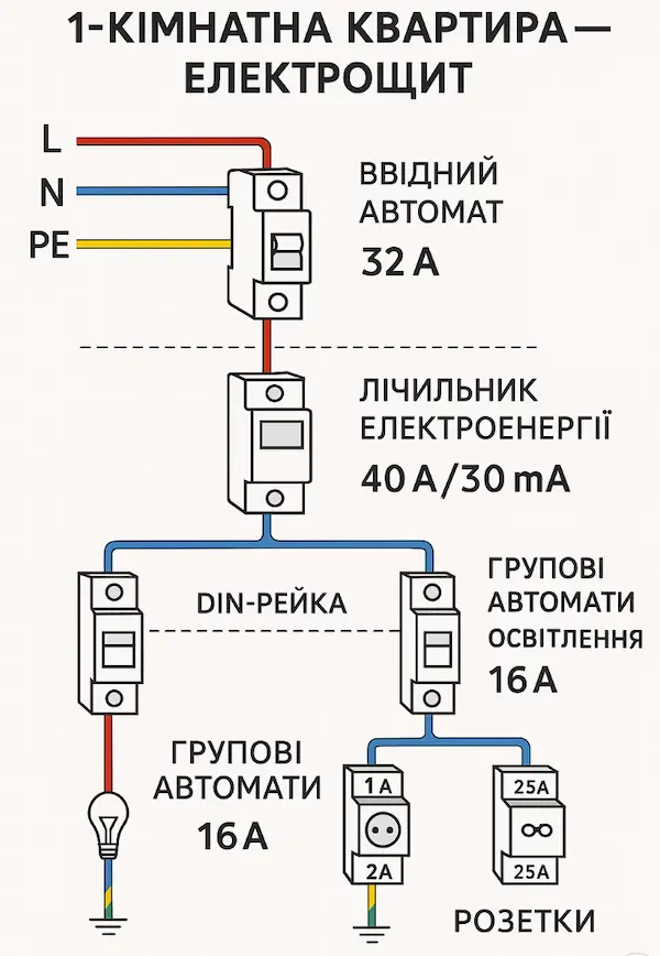 Схема електрощитка для однокімнатної квартири з УЗО та автоматами