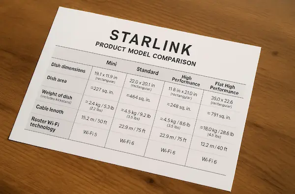 Порівняльна таблиця моделей Starlink