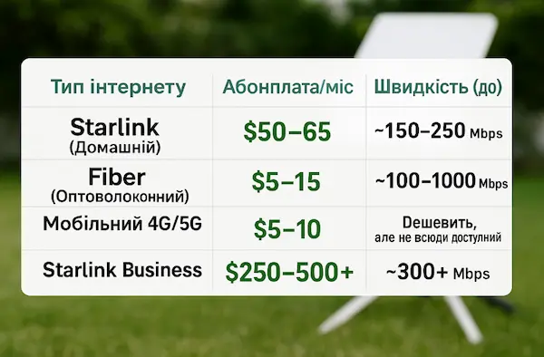 Порівняння вартості Starlink з іншими провайдерами